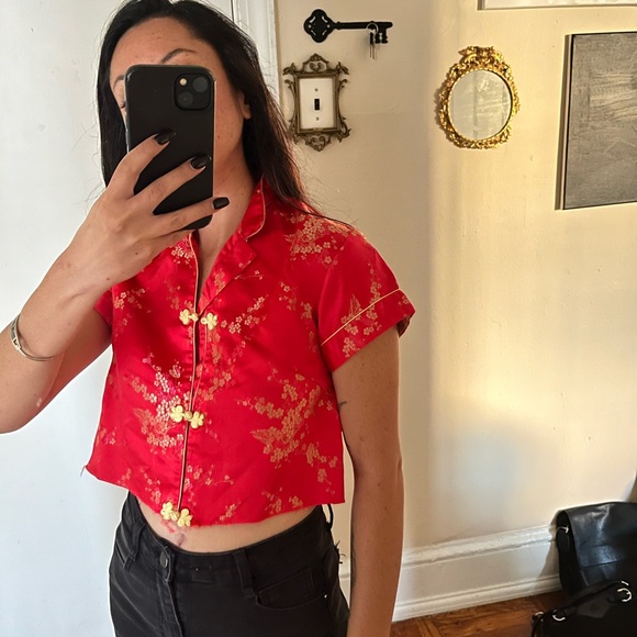 Cropped Traditional Silk Asian Short Sleeve Floral Top Blouse - Picture 3 of 3